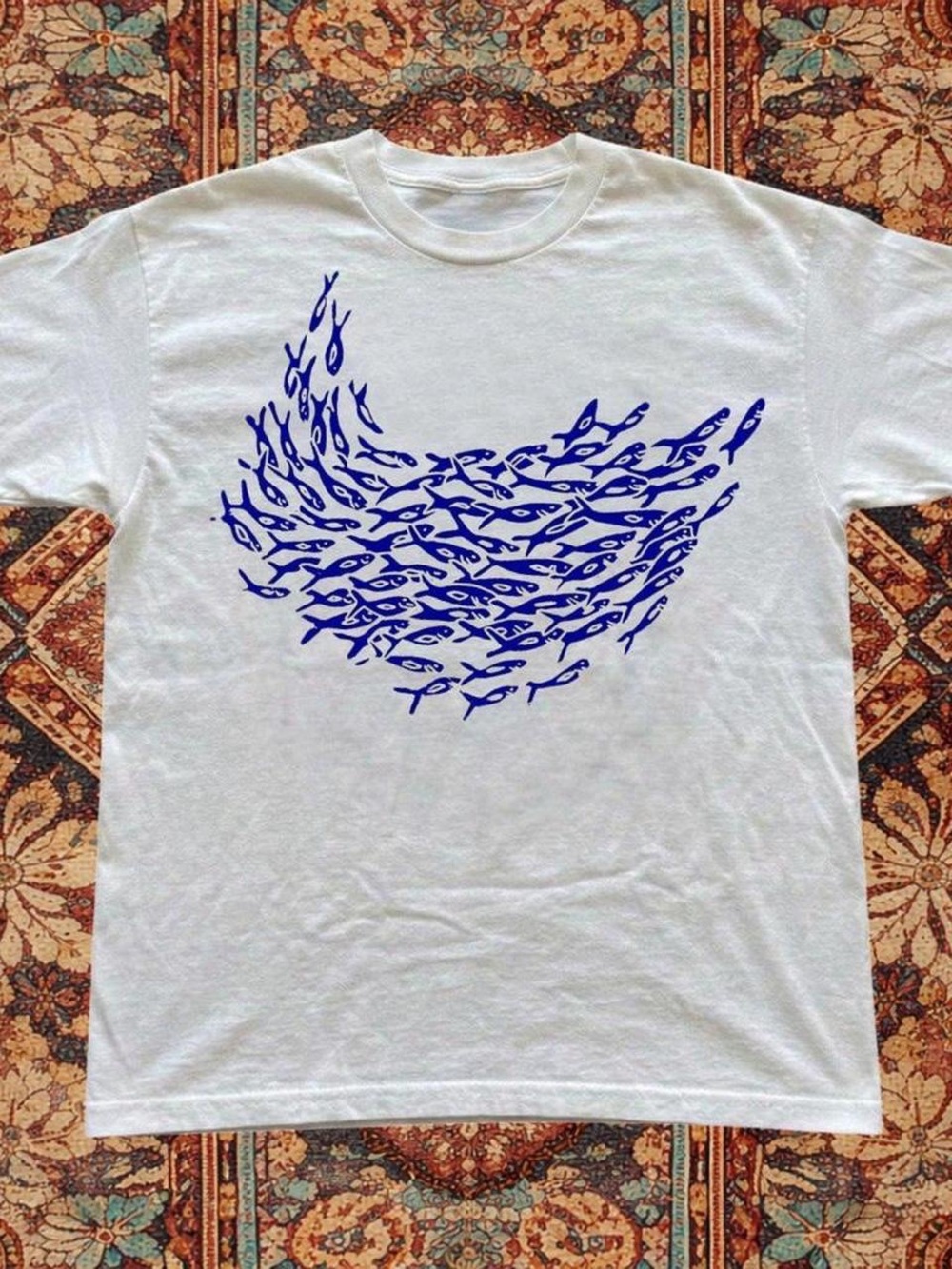 School of Blue Fish Minimal Ocean Graphic T-Shirt,  Shoal Fish Line Art Tee